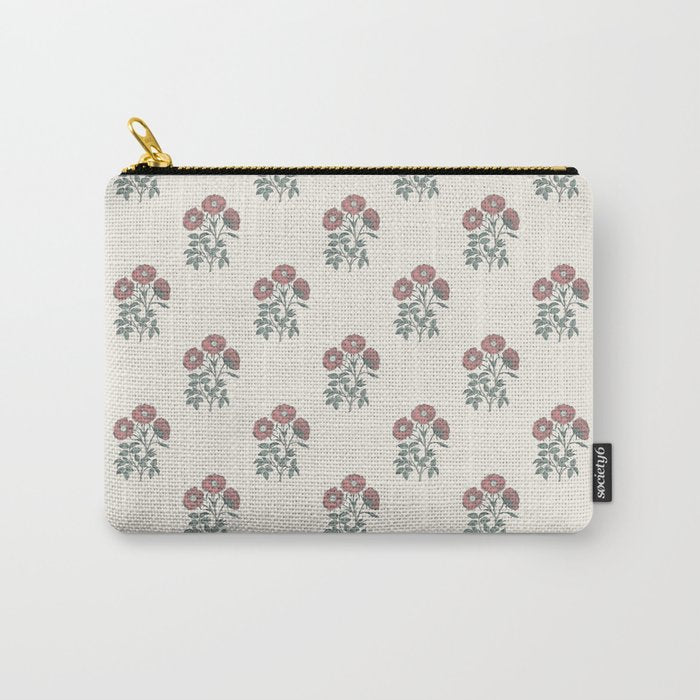 Vintage Sketched Block Print Floral - Green Raspberry Carry All Pouch Gallery Image 1