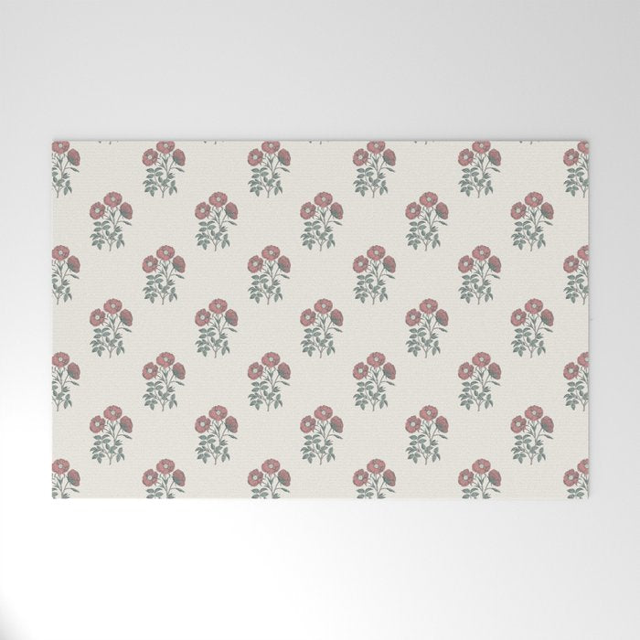 Vintage Sketched Block Print Floral - Green Raspberry Welcome Mat Gallery Image 1