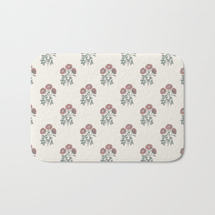 Vintage Sketched Block Print Floral - Green Raspberry Bath Mat Gallery Image 1