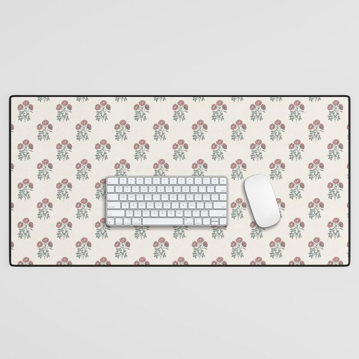 Vintage Sketched Block Print Floral - Green Raspberry Desk Mat Gallery Image 1