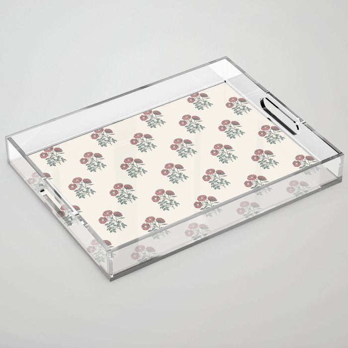 Vintage Sketched Block Print Floral - Green Raspberry Acrylic Tray Gallery Image 1