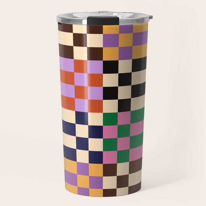 Retro 70s Checkerboard & Stripes Travel Mug Gallery Image 1