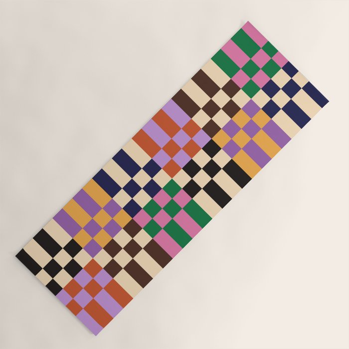 Retro 70s Checkerboard & Stripes Yoga Mat Gallery Image 1
