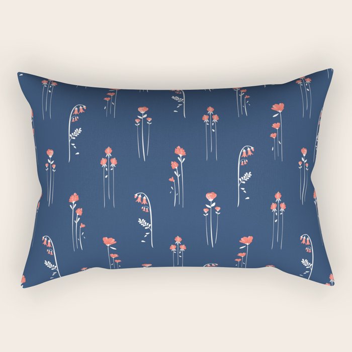 Retro Dark Flower Pattern in Modern Navy and Coral Rectangular Pillow Gallery Image 1
