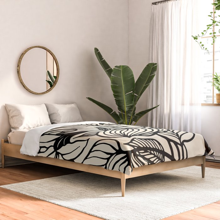 Geometric Floral Abstract Pattern in Black and White Cream Line Drawing Comforter Gallery Image 2