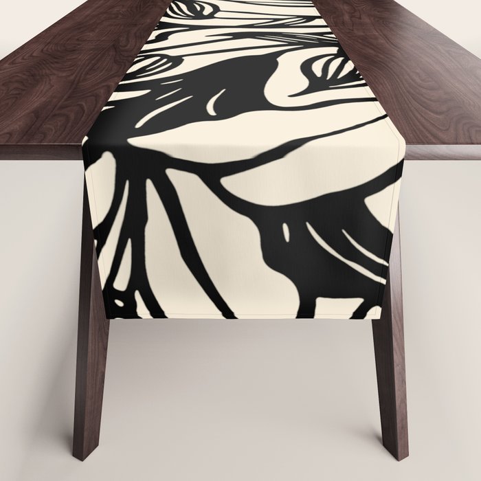 Geometric Floral Abstract Pattern in Black and White Cream Line Drawing Table Runner Gallery Image 1