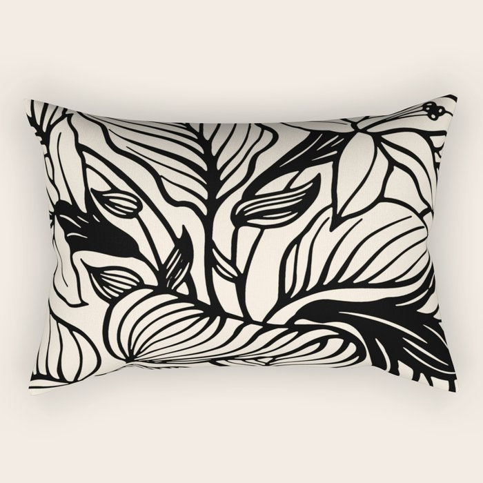 Geometric Floral Abstract Pattern in Black and White Cream Line Drawing Rectangular Pillow Gallery Image 1