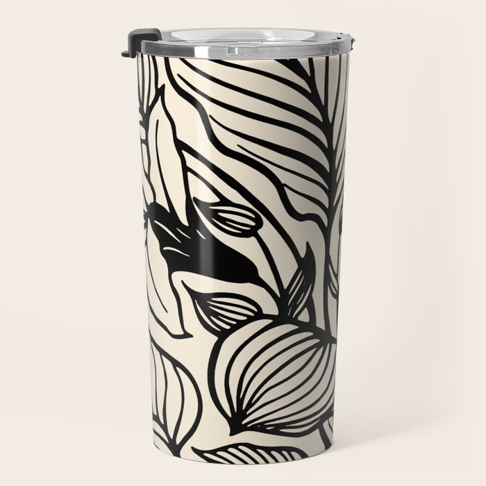 Geometric Floral Abstract Pattern in Black and White Cream Line Drawing Travel Mug Gallery Image 3