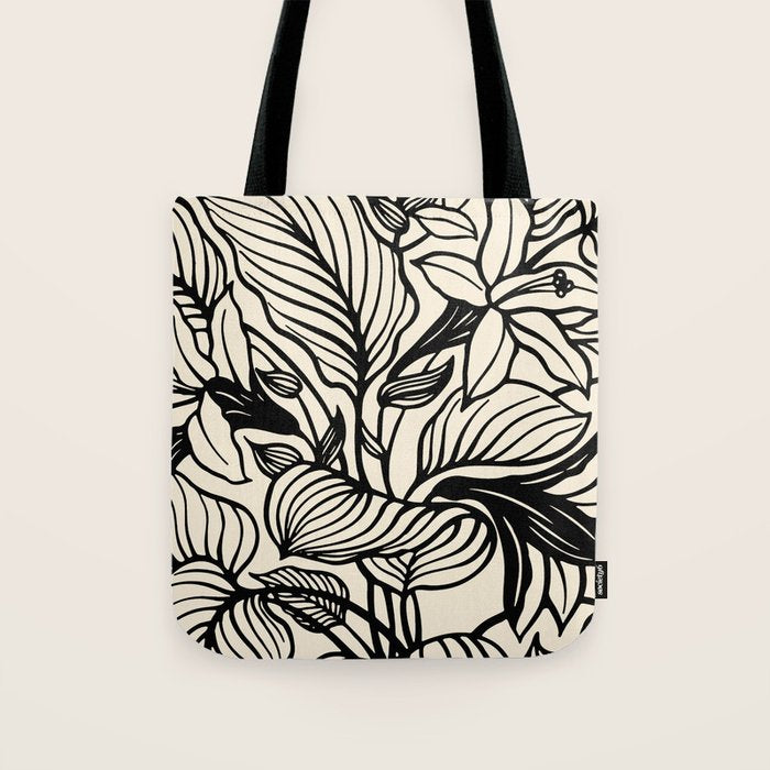 Geometric Floral Abstract Pattern in Black and White Cream Line Drawing Tote Bag Gallery Image 1