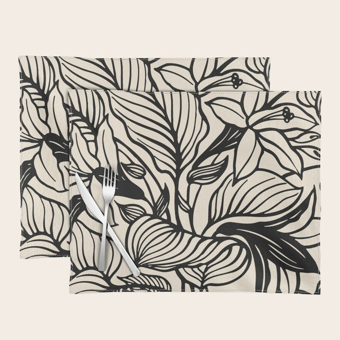 Geometric Floral Abstract Pattern in Black and White Cream Line Drawing Placemat Gallery Image 1