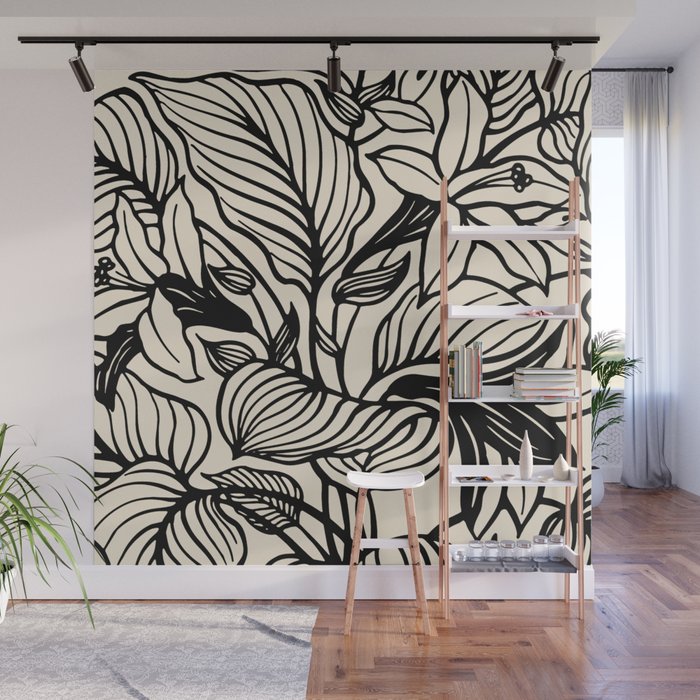 Geometric Floral Abstract Pattern in Black and White Cream Line Drawing Wall Mural Gallery Image 1