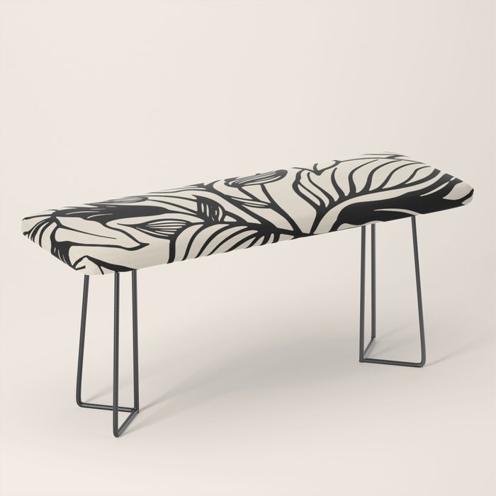 Geometric Floral Abstract Pattern in Black and White Cream Line Drawing Bench Gallery Image 1