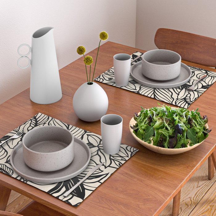 Geometric Floral Abstract Pattern in Black and White Cream Line Drawing Placemat Gallery Image 2