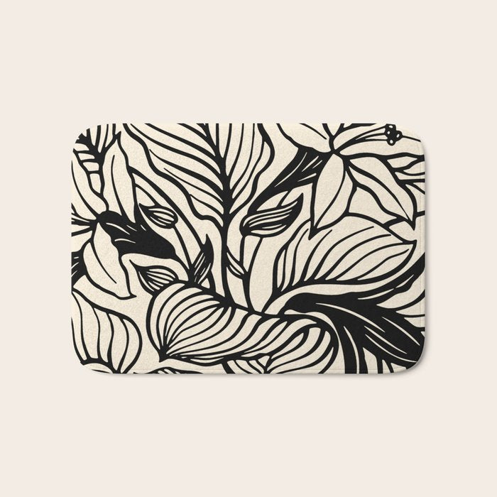 Geometric Floral Abstract Pattern in Black and White Cream Line Drawing Bath Mat Gallery Image 1