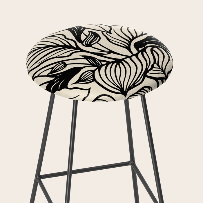 Geometric Floral Abstract Pattern in Black and White Cream Line Drawing Stool Gallery Image 2
