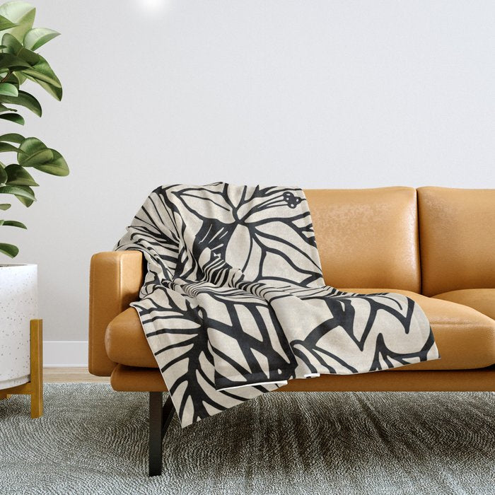 Geometric Floral Abstract Pattern in Black and White Cream Line Drawing Throw Blanket Gallery Image 1