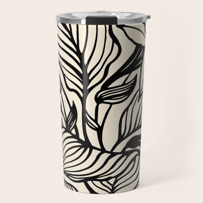 Geometric Floral Abstract Pattern in Black and White Cream Line Drawing Travel Mug Gallery Image 1