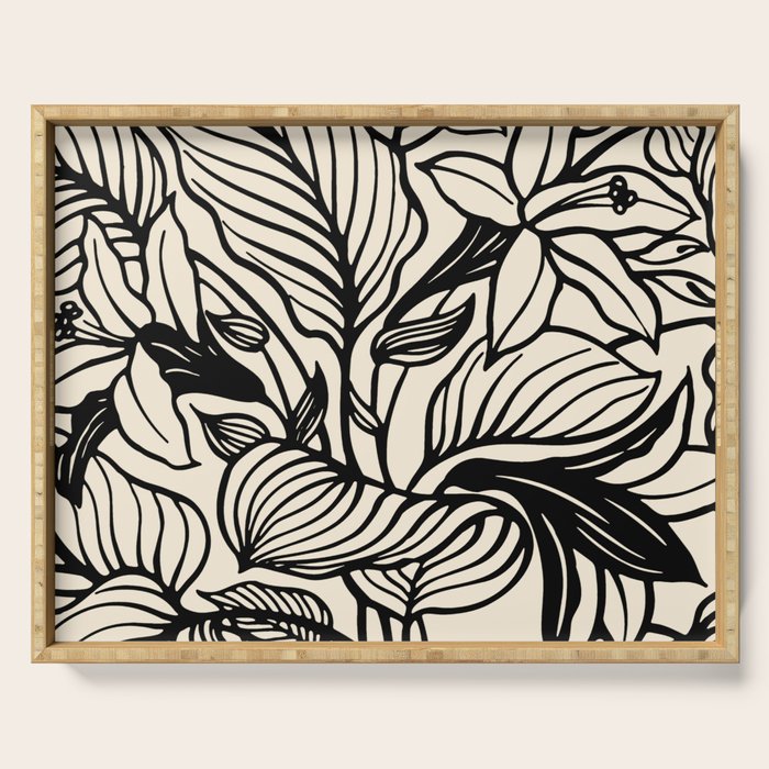 Geometric Floral Abstract Pattern in Black and White Cream Line Drawing Serving Tray Gallery Image 1