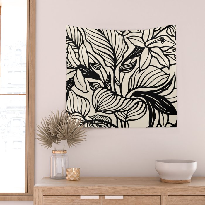 Geometric Floral Abstract Pattern in Black and White Cream Line Drawing Wall Tapestry Gallery Image 2