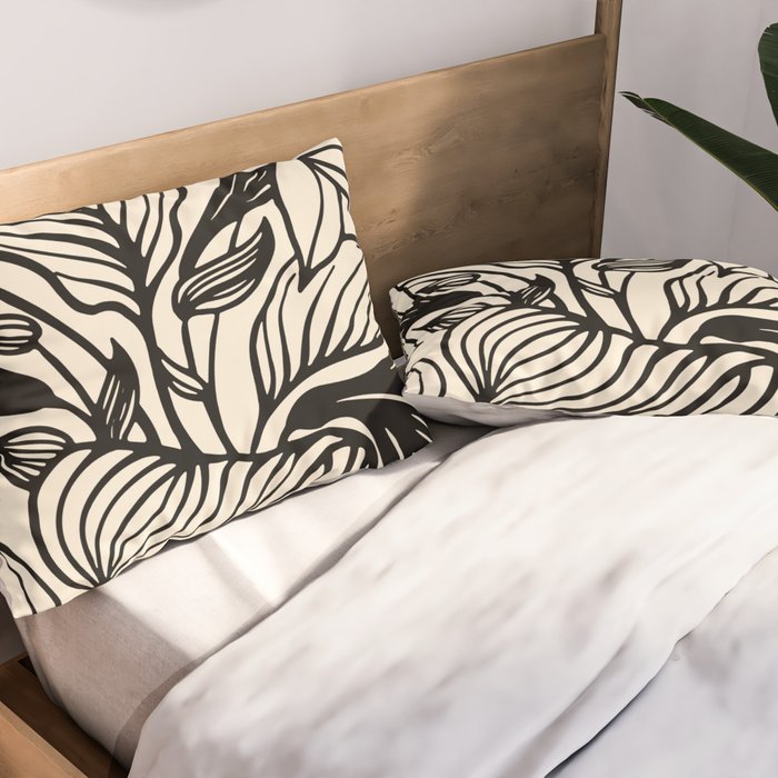 Geometric Floral Abstract Pattern in Black and White Cream Line Drawing Pillow Sham Gallery Image 2