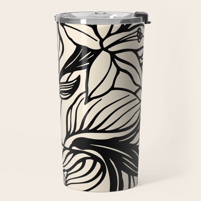 Geometric Floral Abstract Pattern in Black and White Cream Line Drawing Travel Mug Gallery Image 2
