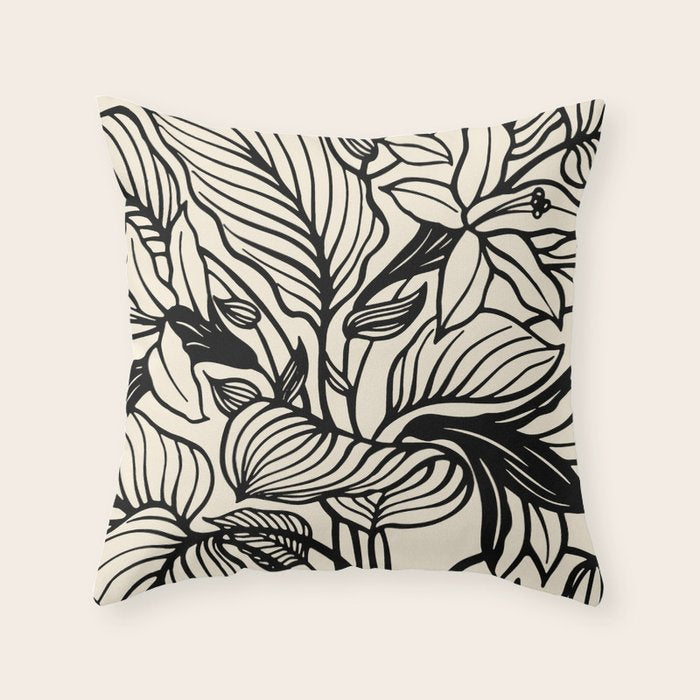 Geometric Floral Abstract Pattern in Black and White Cream Line Drawing Throw Pillow Gallery Image 1