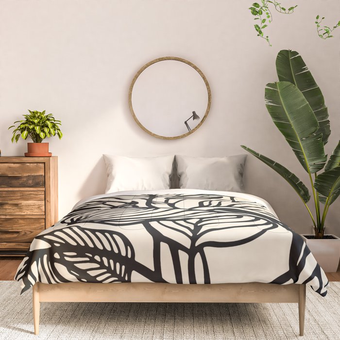Geometric Floral Abstract Pattern in Black and White Cream Line Drawing Comforter Gallery Image 3