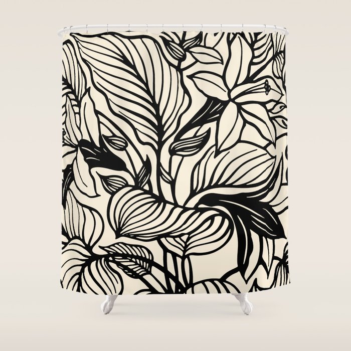 Geometric Floral Abstract Pattern in Black and White Cream Line Drawing Shower Curtain Gallery Image 1