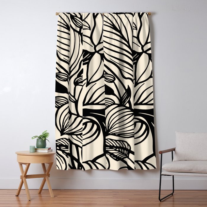 Geometric Floral Abstract Pattern in Black and White Cream Line Drawing Window Curtain Gallery Image 5