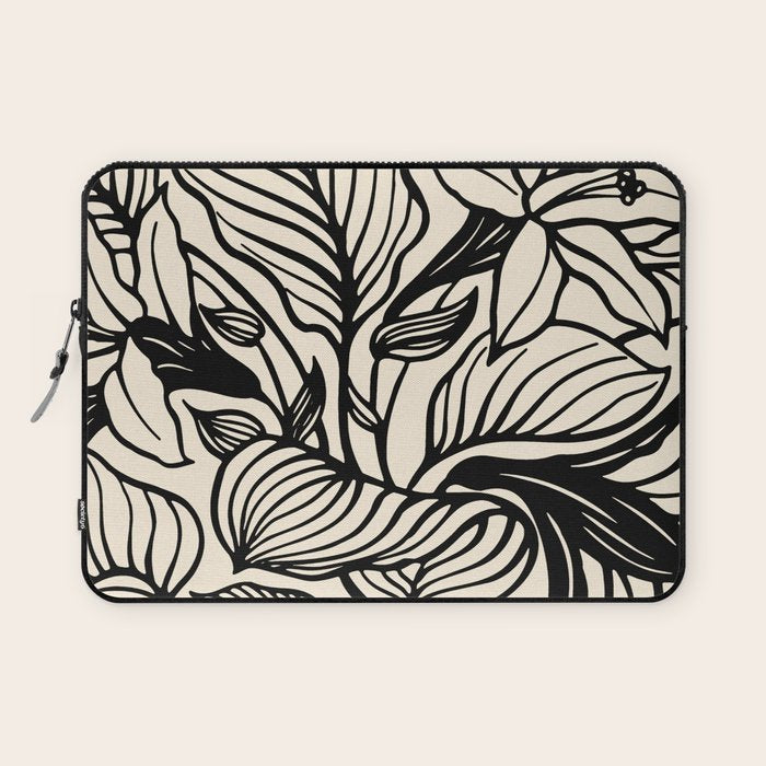 Geometric Floral Abstract Pattern in Black and White Cream Line Drawing Laptop Sleeve Gallery Image 1