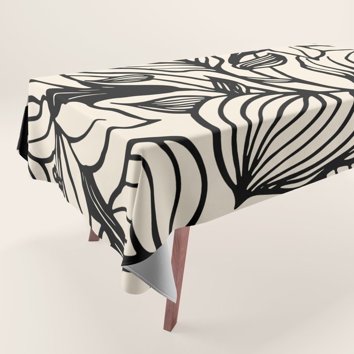 Geometric Floral Abstract Pattern in Black and White Cream Line Drawing Tablecloth Gallery Image 1