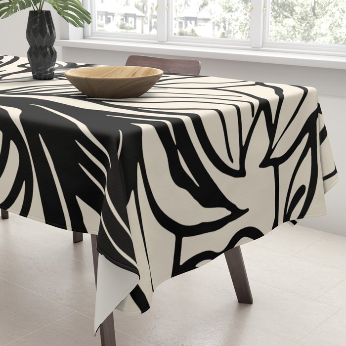 Geometric Floral Abstract Pattern in Black and White Cream Line Drawing Tablecloth Gallery Image 3