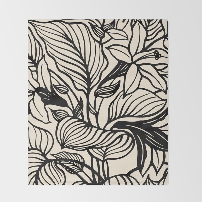 Geometric Floral Abstract Pattern in Black and White Cream Line Drawing Throw Blanket Gallery Image 2