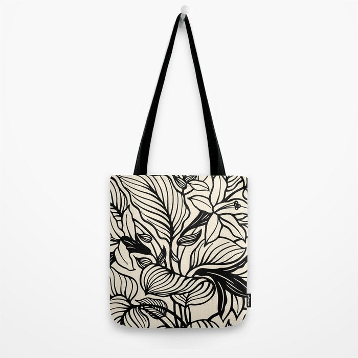 Geometric Floral Abstract Pattern in Black and White Cream Line Drawing Tote Bag Gallery Image 2