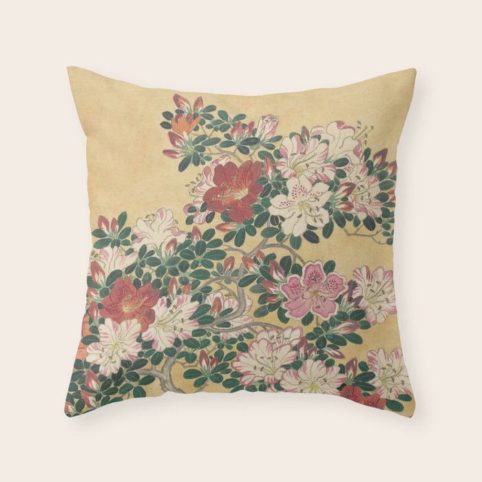 Vintage Flowers Azalea Japanese Painting Throw Pillow Gallery Image 6