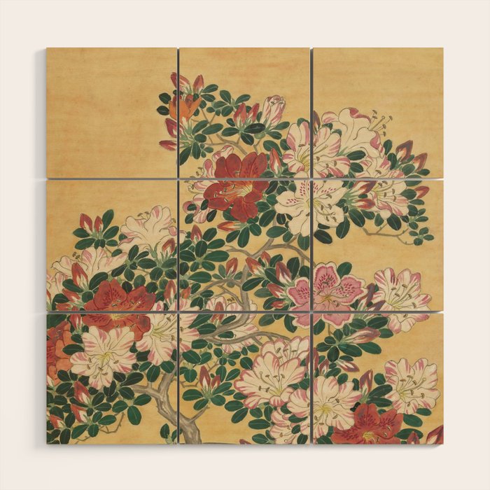 Vintage Flowers Azalea Japanese Painting Wood Wall Art Gallery Image 1