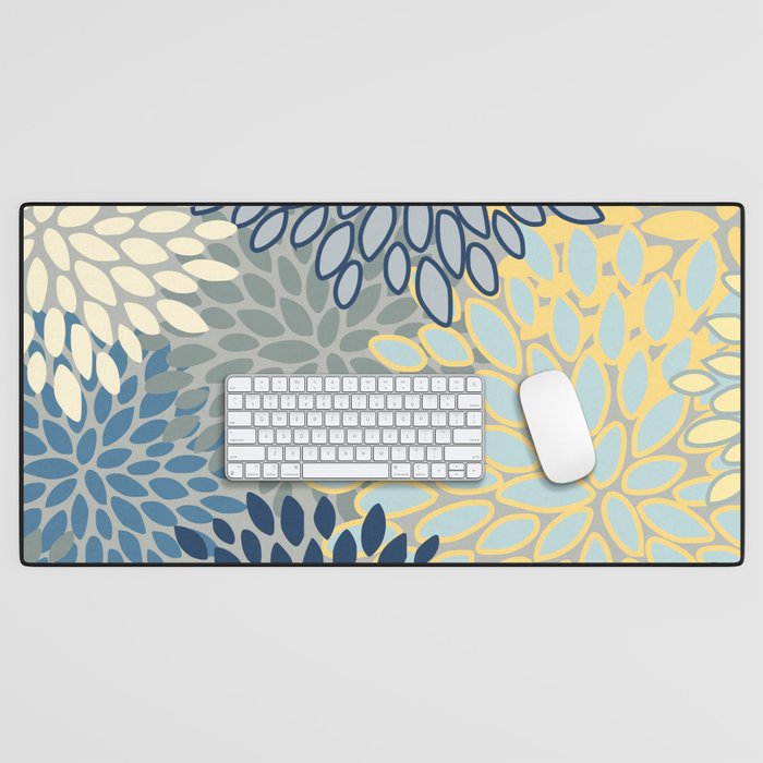 Floral Print, Yellow, Gray, Blue, Teal Desk Mat Gallery Image 1