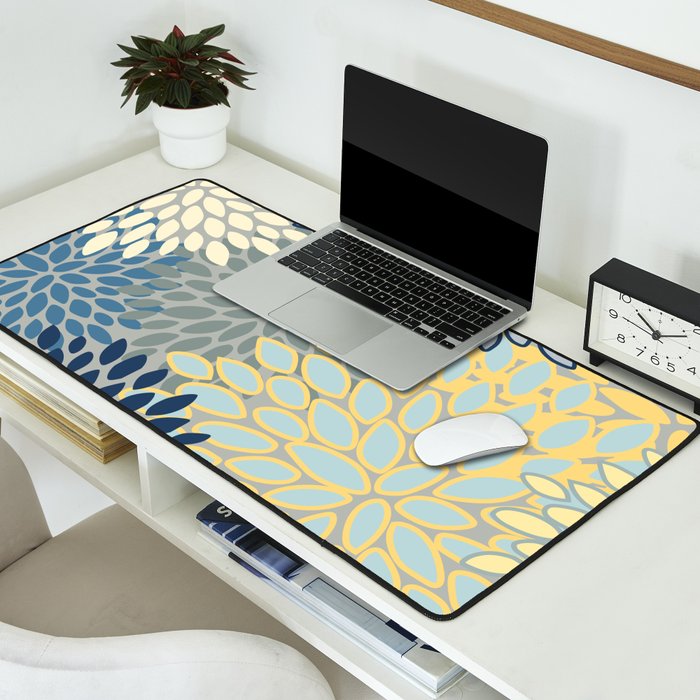 Floral Print, Yellow, Gray, Blue, Teal Desk Mat Gallery Image 2