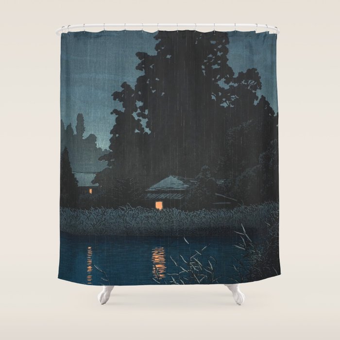 Hasui Kawase, Rain At Omiya, Saitama Prefecture - Vintage Japanese Woodblock Print Art Shower Curtain Gallery Image 1