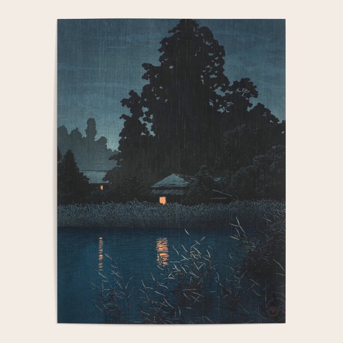 Hasui Kawase, Rain At Omiya, Saitama Prefecture - Vintage Japanese Woodblock Print Art Poster Gallery Image 1