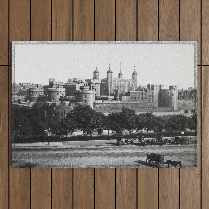 Tower of London, England, 19th Century vintage black and white photographic art print Outdoor Rug Gallery Image 1