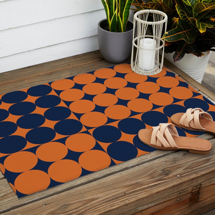 Abstraction Shapes 30 in vintage Orange and Navy Blue Outdoor Rug Gallery Image 2