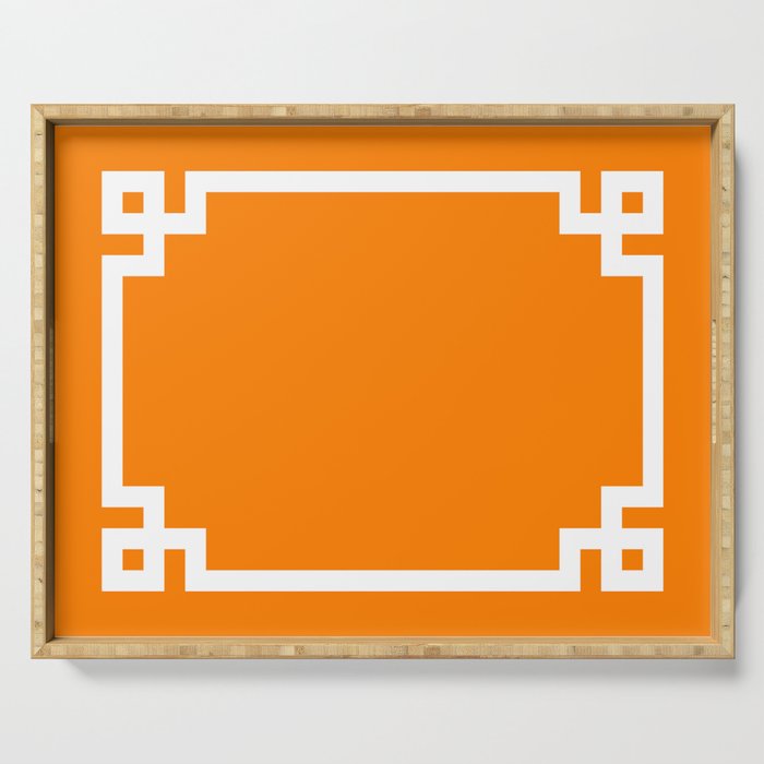 Orange and White Greek Key Square Border Serving Tray Gallery Image 1