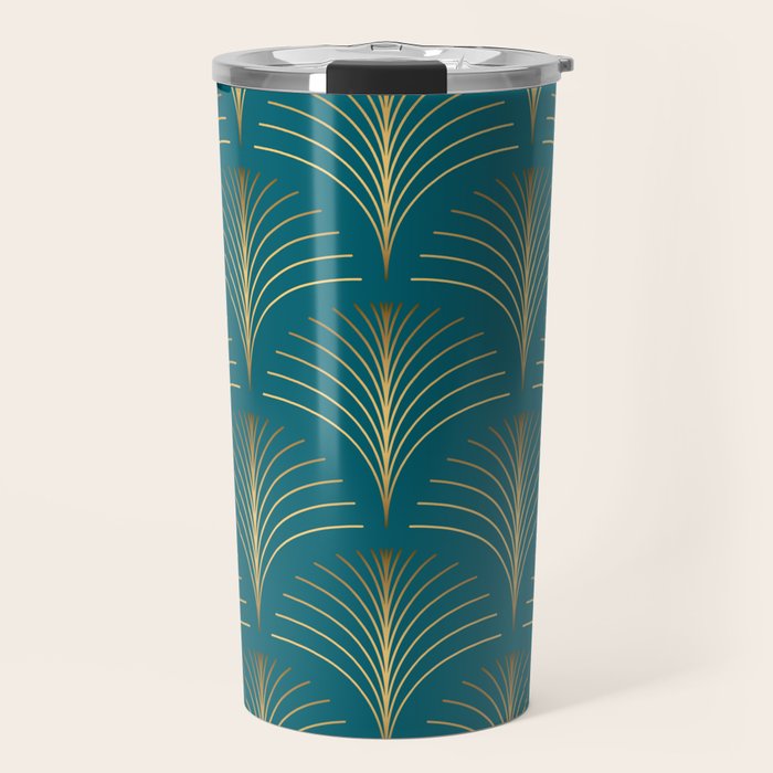 Art Deco Gold Fans on Turquoise Travel Mug Gallery Image 1
