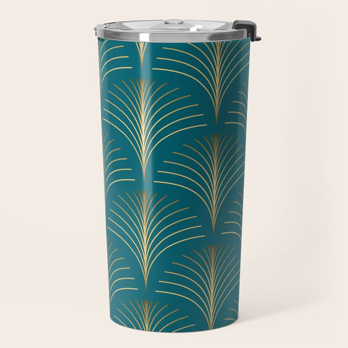 Art Deco Gold Fans on Turquoise Travel Mug Gallery Image 2