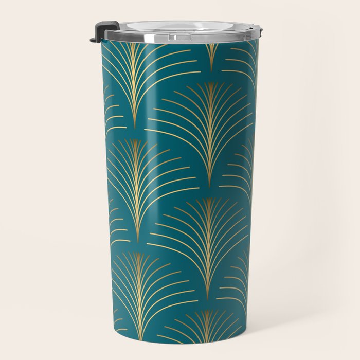 Art Deco Gold Fans on Turquoise Travel Mug Gallery Image 3