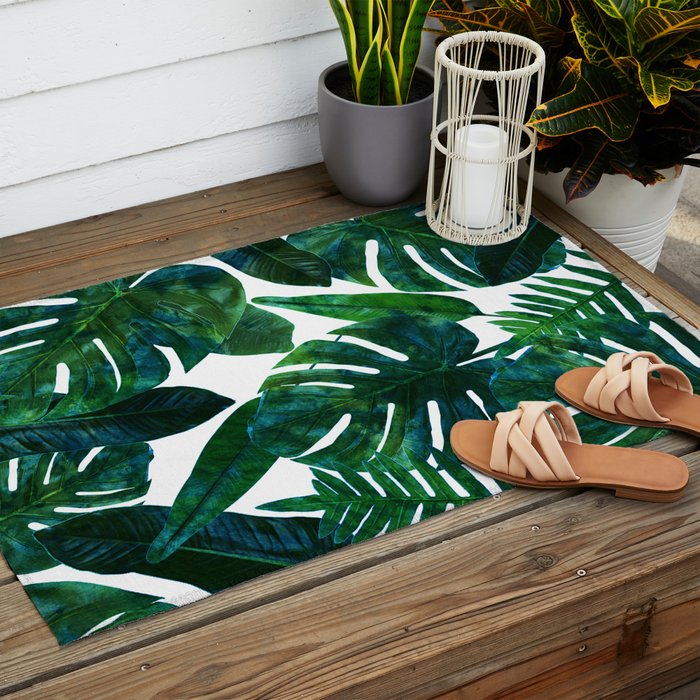 Tropical Nature Monstera Watercolor Painting, Botanical Jungle Dark Palm Illustration Outdoor Rug Gallery Image 2