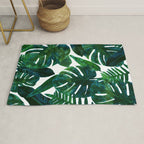 Tropical Nature Monstera Watercolor Painting, Botanical Jungle Dark Palm Illustration Rug Gallery Image 1