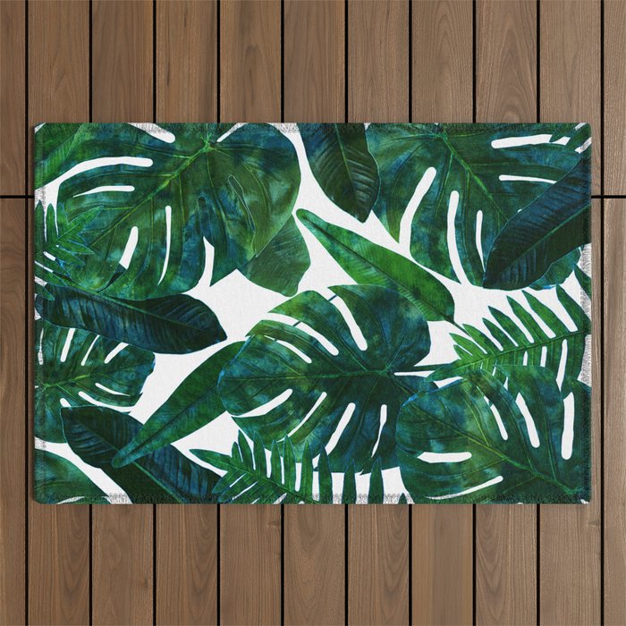 Tropical Nature Monstera Watercolor Painting, Botanical Jungle Dark Palm Illustration Outdoor Rug Gallery Image 1