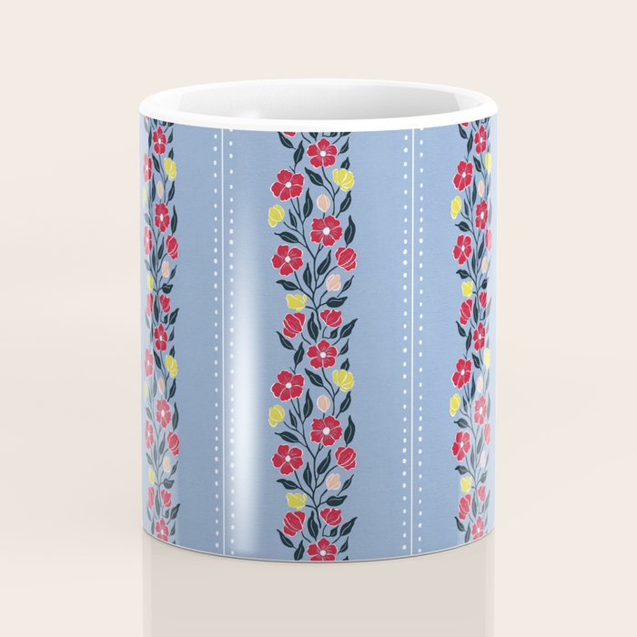 Vintage Posey Stripe Floral on Blue Linen Coffee Mug Gallery Image 4